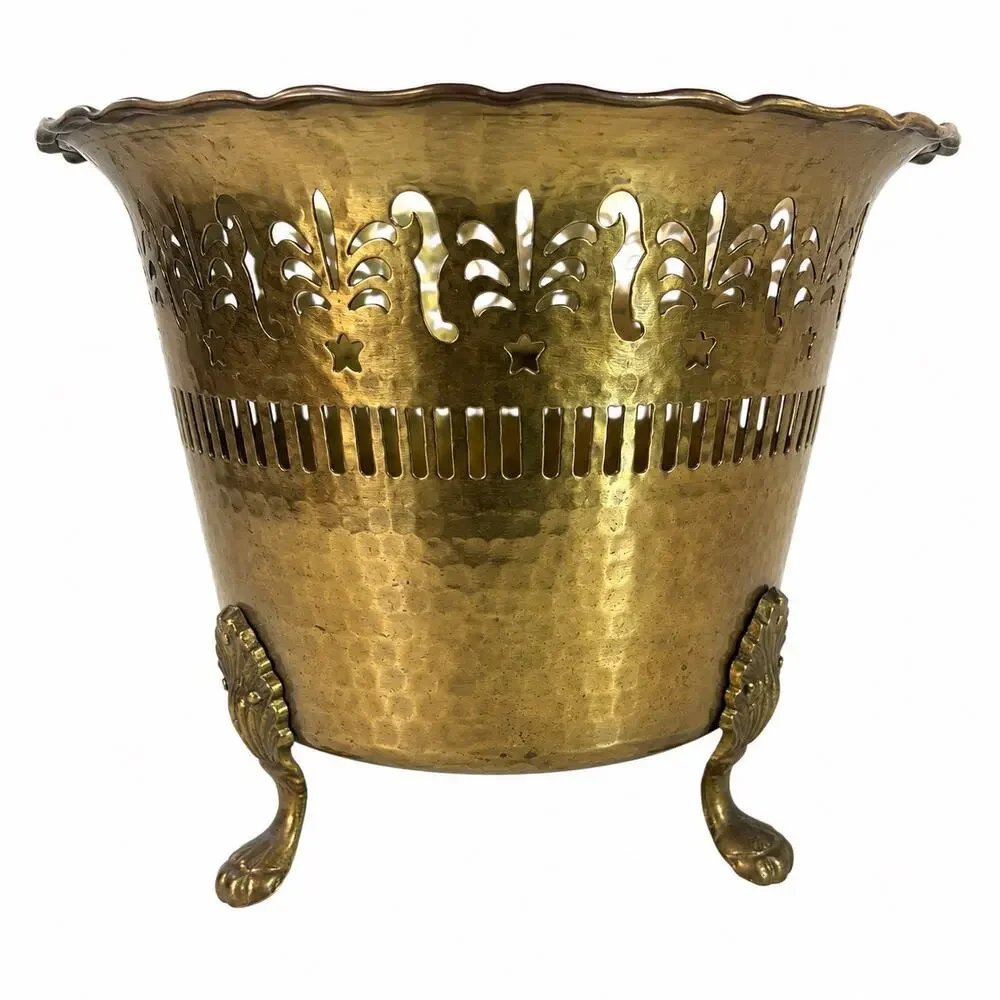 Vintage Solid Brass Planter Cachepot Jardiniere Pierced Footed Made In India
